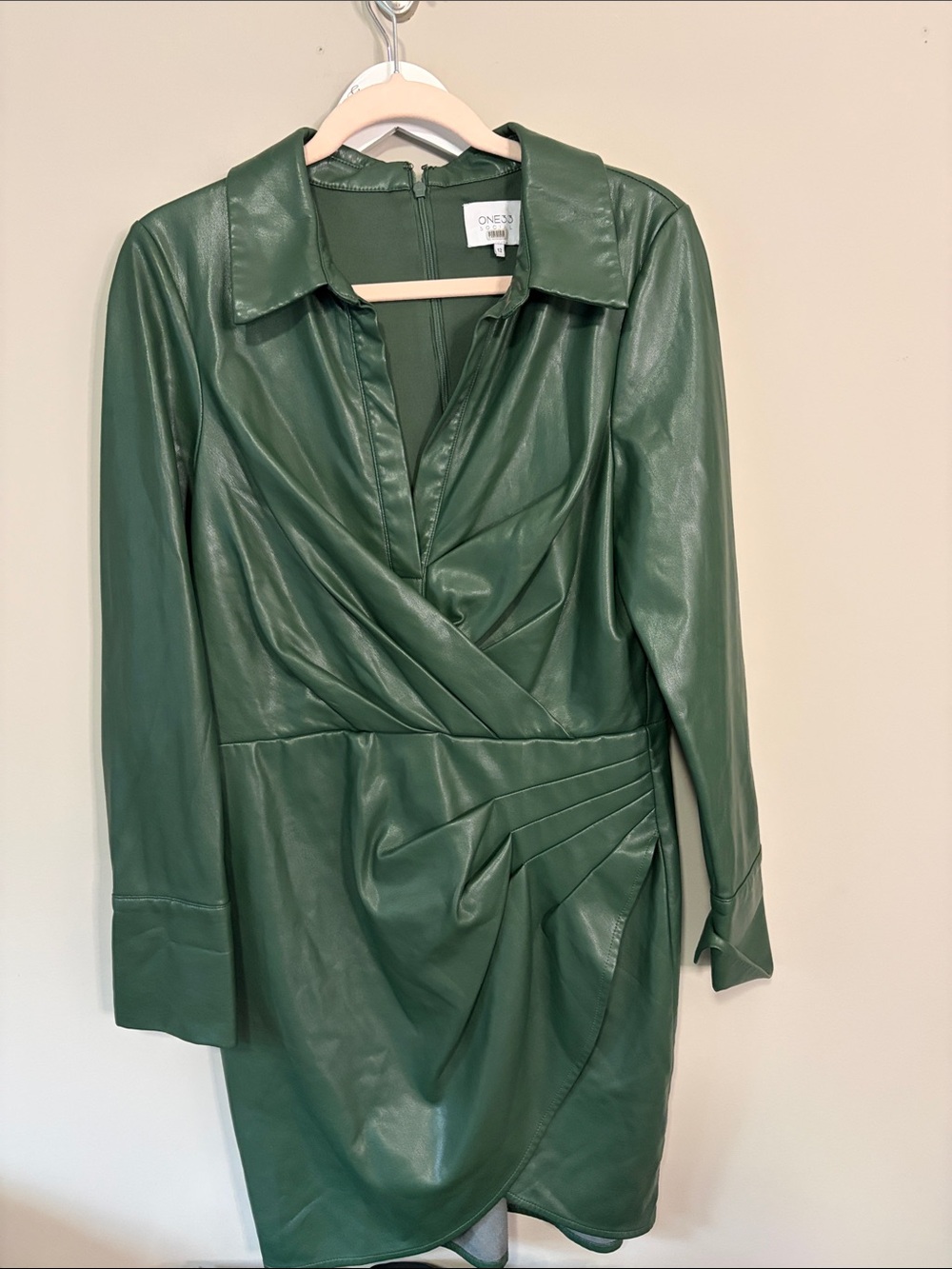 One33 Social Green Faux Leather Mini Shirt Dress Faux Wrap Designer Sz 12 - Picture 4 of 13